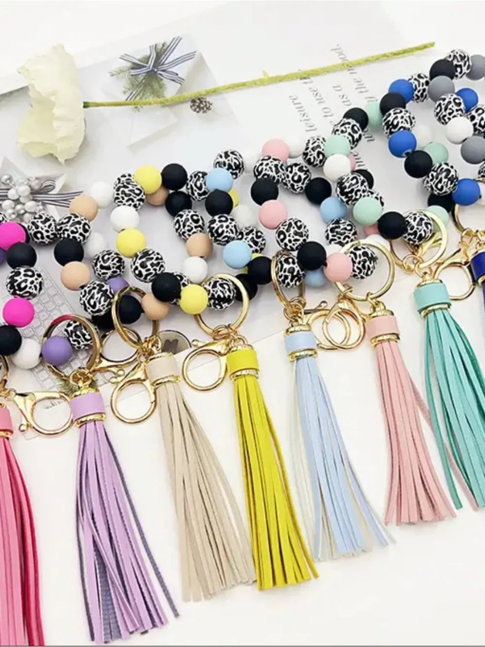 Beaded Tassel Keychain Wristlet - Pastel & Leopard Pattern B22